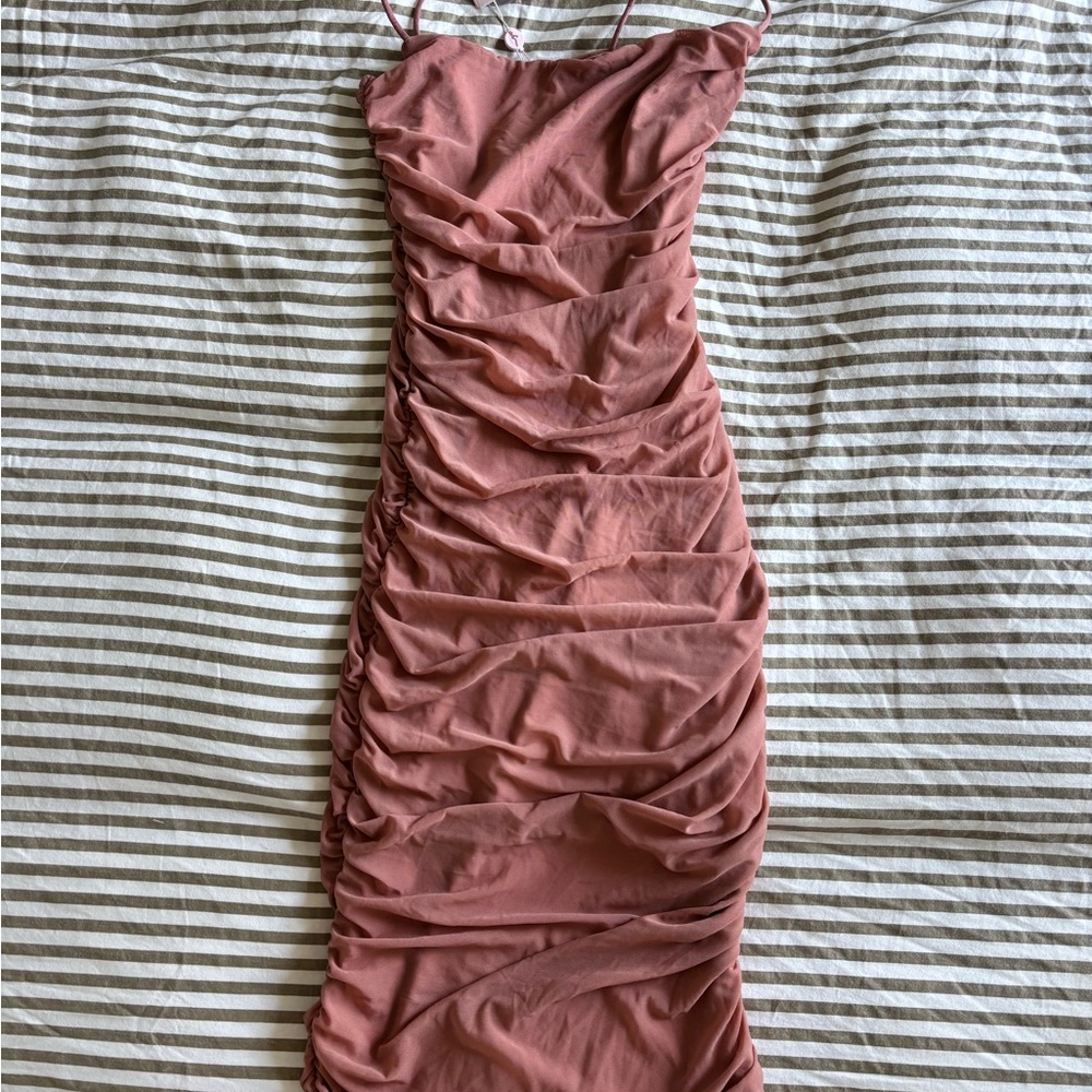 Oh Polly Pink Ruched Bodycon Midi Dress